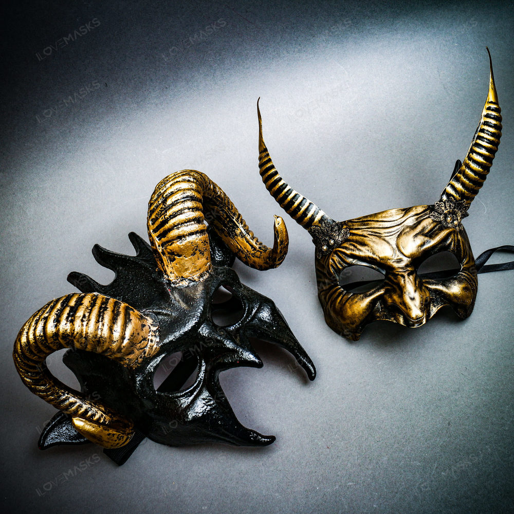 Gold Scary Devil Ram Halloween Party Mask w/ Devil Horn Eye Mask Party Face Mask